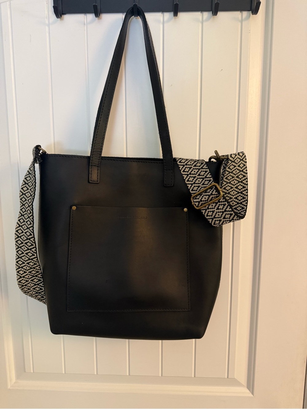 Portland Leather Black Tote with Patterned Removable Strap